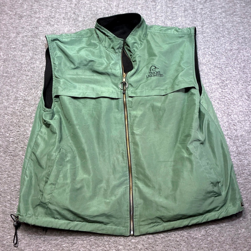 Vintage Ducks Unlimited Reversible Vest Men 2XL Green Black Fleece Full Zip